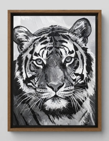 Majestic Black and White Tiger Portrait Canvas Print - Monochromatic Wildlife Wall Art