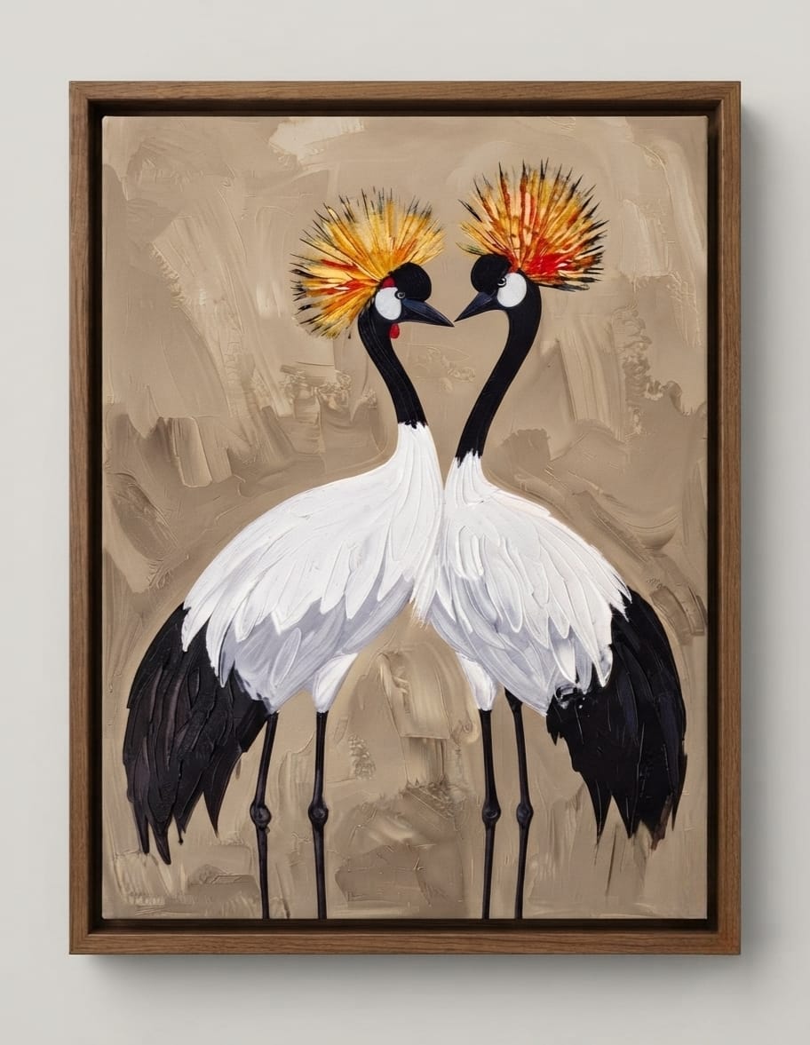 Pair of Crowned Cranes Canvas Print - Textured Impasto Birds Wall Art
