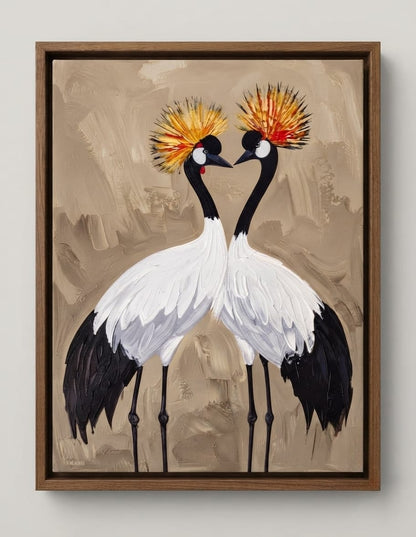 Pair of Crowned Cranes Canvas Print - Textured Impasto Birds Wall Art