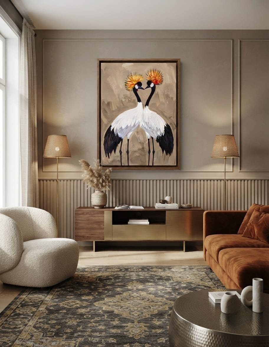 Pair of Crowned Cranes Canvas Print - Textured Impasto Birds Wall Art