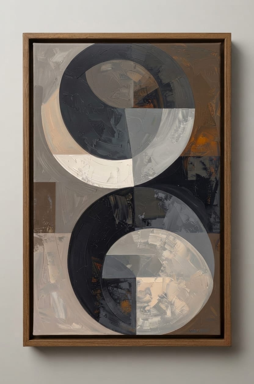 Modern Abstract Dual Circle Canvas Print - Neutral Black and Grey Wall Art