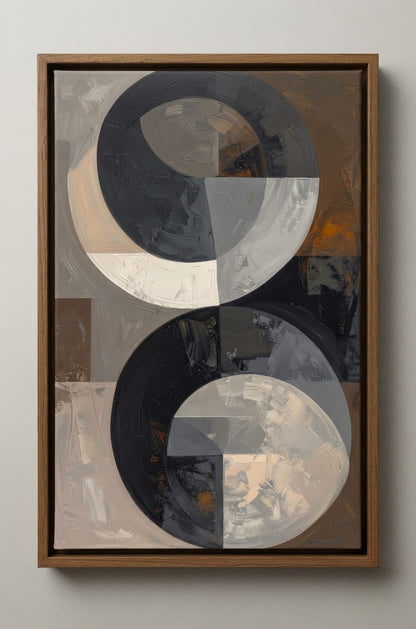 Modern Abstract Dual Circle Canvas Print - Neutral Black and Grey Wall Art