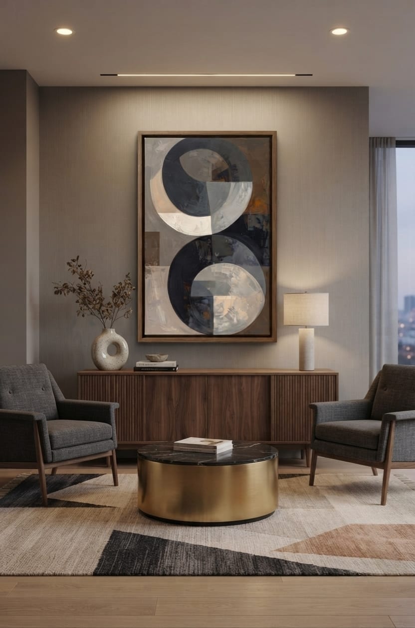 Modern Abstract Dual Circle Canvas Print - Neutral Black and Grey Wall Art