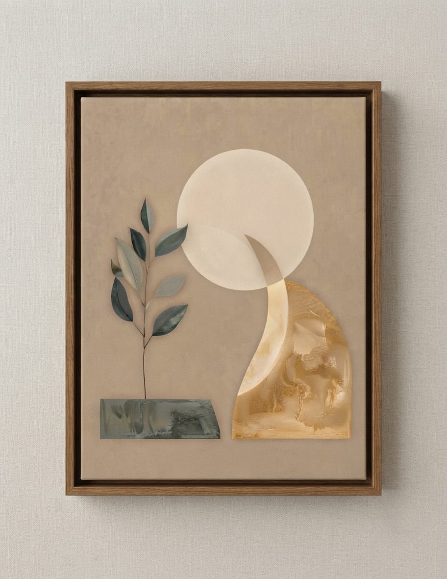 Modern Celestial Moon & Botanical Leaves Canvas Print - Gilded Ochre Minimalist Wall Art