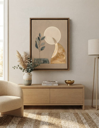 Modern Celestial Moon & Botanical Leaves Canvas Print - Gilded Ochre Minimalist Wall Art