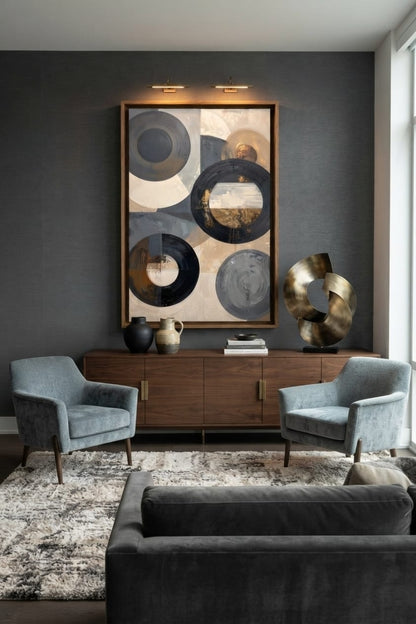 Modern Abstract Circular Geometry Canvas Print - Neutral and Gold Wall Art