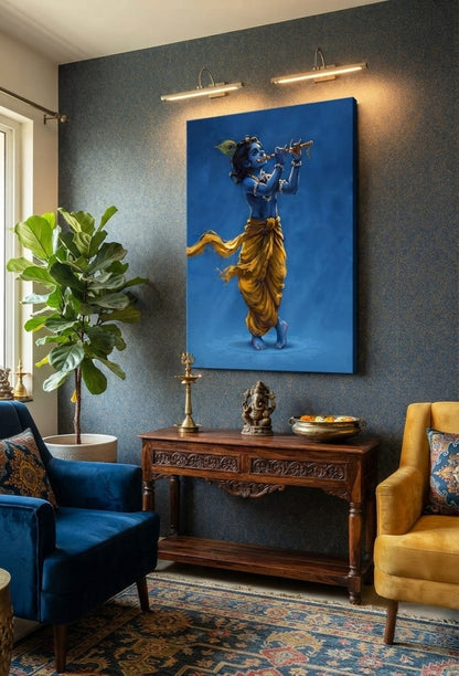 Lord Krishna Playing Flute Canvas Print - Divine Blue Deity Wall Art