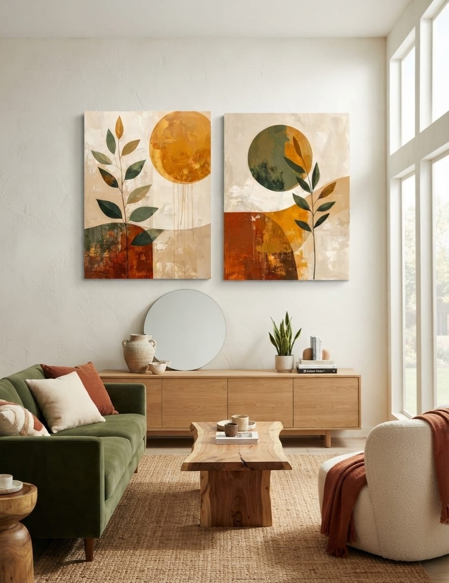 Abstract Sun & Botanical Leaf Canvas Print Set - 2 Piece Ochre, Terracotta & Sage Wall Art