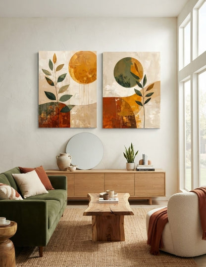 Abstract Sun & Botanical Leaf Canvas Print Set - 2 Piece Ochre, Terracotta & Sage Wall Art