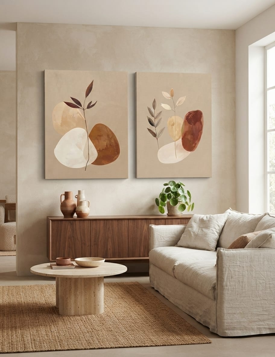 Earth Tone Abstract Botanical Canvas Print Set - 2 Piece Terracotta & Cream Wall Art