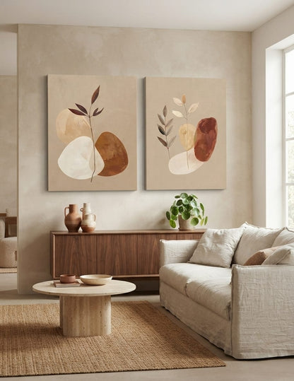 Earth Tone Abstract Botanical Canvas Print Set - 2 Piece Terracotta & Cream Wall Art