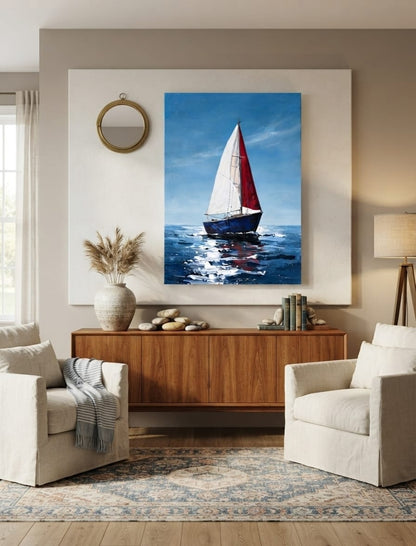 Modern Vibrant Blue Ocean Sailboat Canvas Print - Red & White Sail Seascape Painting Wall Art