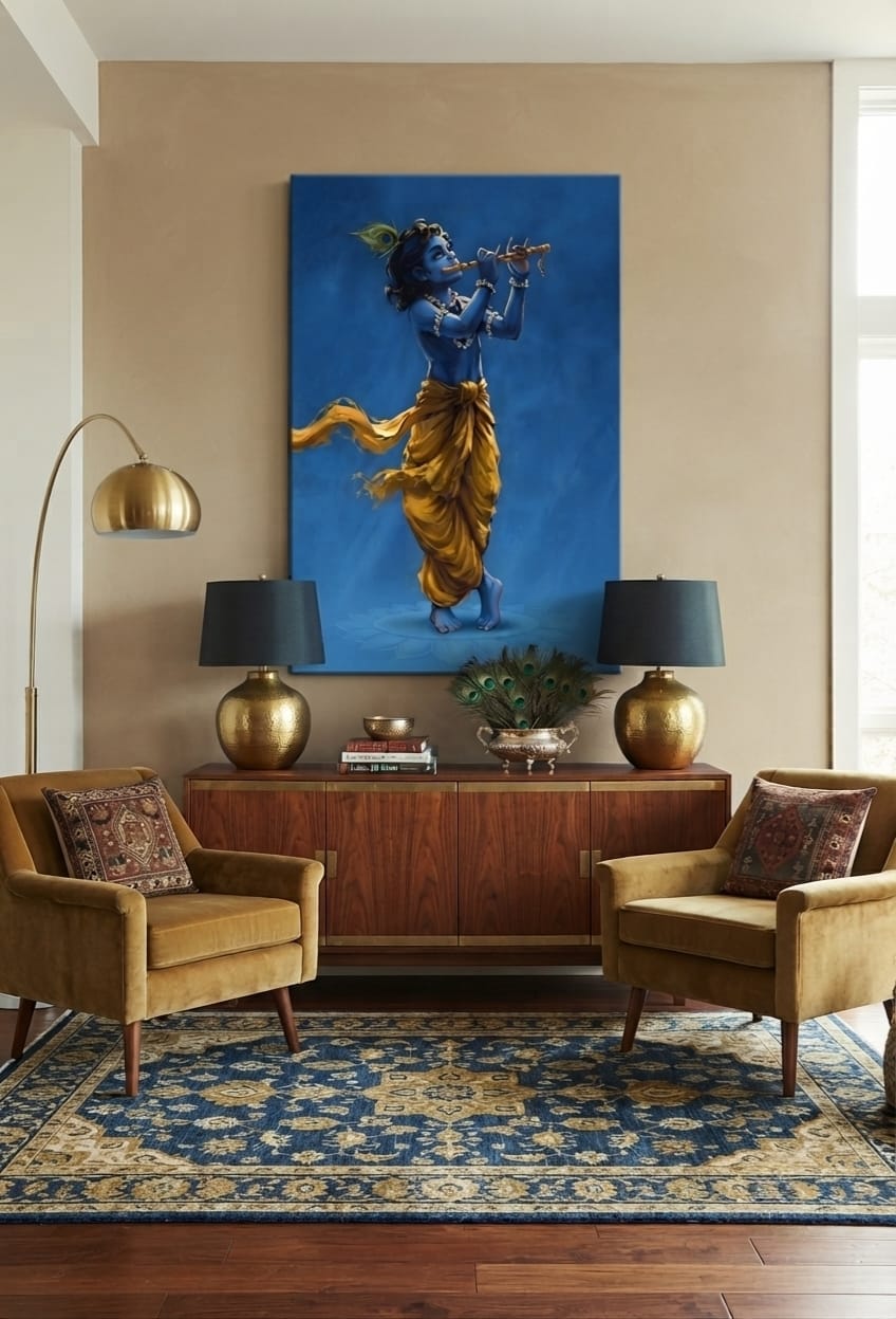 Lord Krishna Playing Flute Canvas Print - Divine Blue Deity Wall Art
