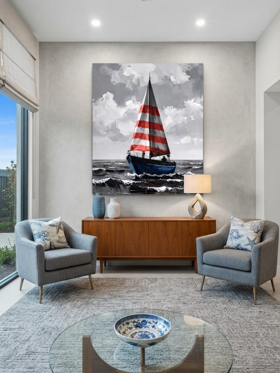 Nautical Sailboat Canvas Print - Red & White Striped Sail Ocean Wall Art, Red & Blue Accent Seascape Painting