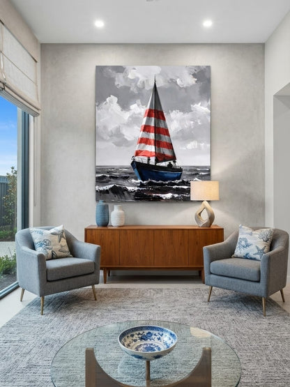 Nautical Sailboat Canvas Print - Red & White Striped Sail Ocean Wall Art, Red & Blue Accent Seascape Painting