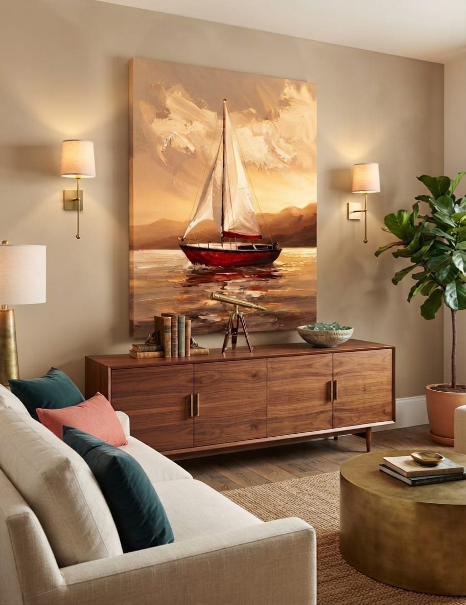 Golden Sunset Sailboat Canvas Print - Red Hull Yacht & Warm Seascape Painting Wall Art