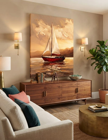 Golden Sunset Sailboat Canvas Print - Red Hull Yacht & Warm Seascape Painting Wall Art