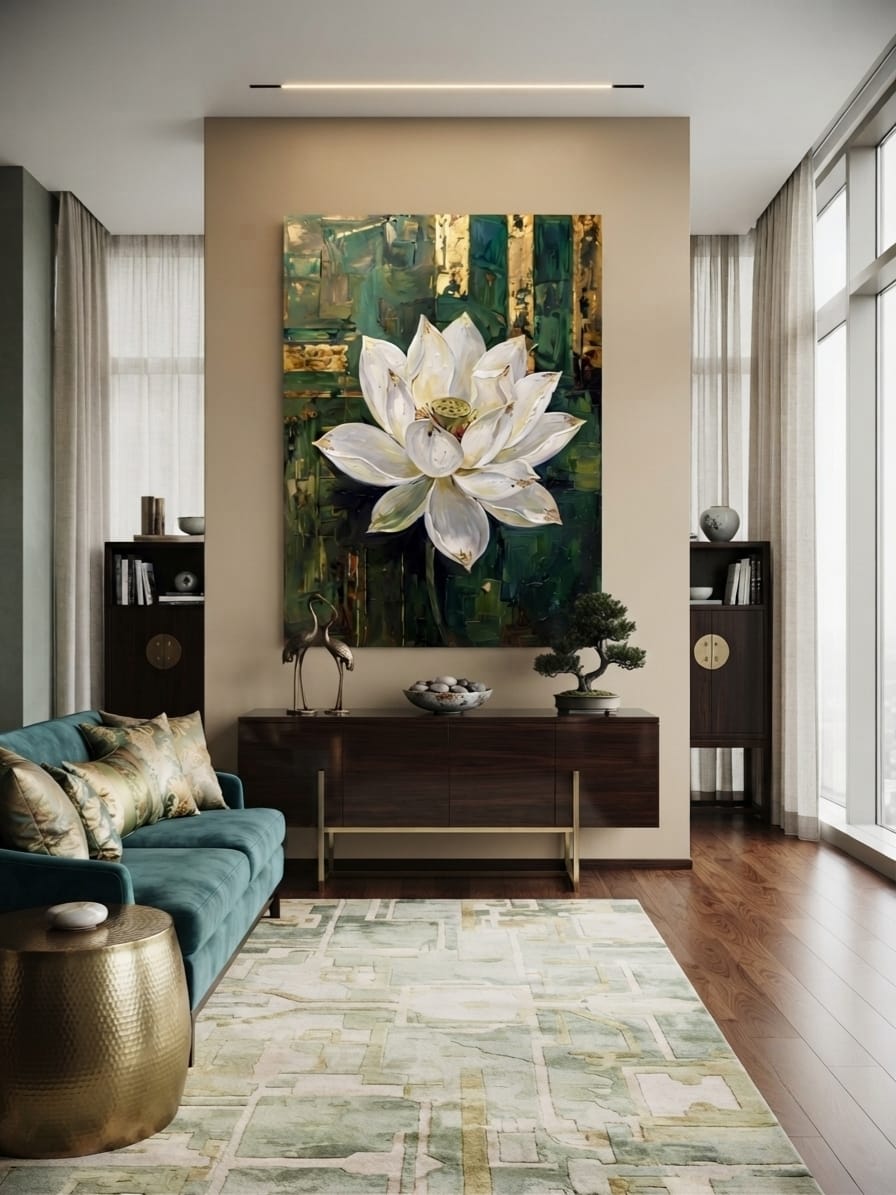 Blooming White Lotus Canvas Print - Gold Leaf & Emerald Green Texture Botanical Wall Art