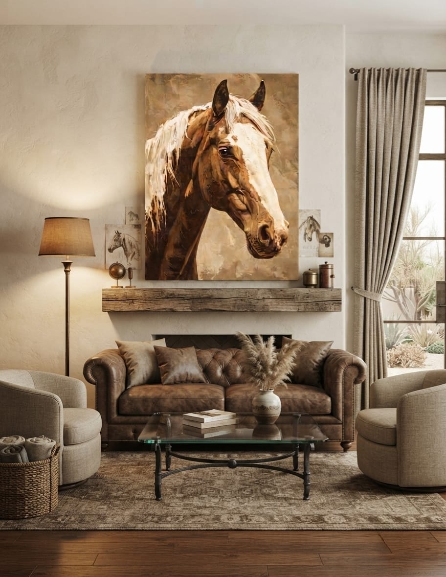 Warm Sepia Wild Horse Portrait Canvas Print - Blonde Mane & White Blaze Horse Painting