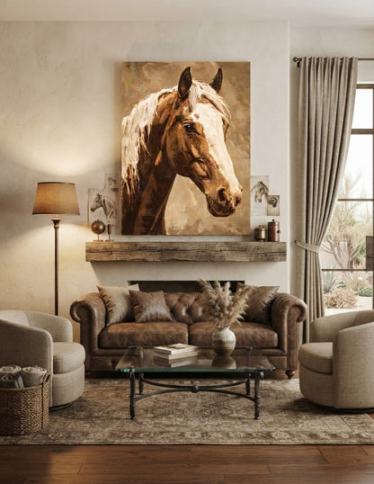 Warm Sepia Wild Horse Portrait Canvas Print - Blonde Mane & White Blaze Horse Painting