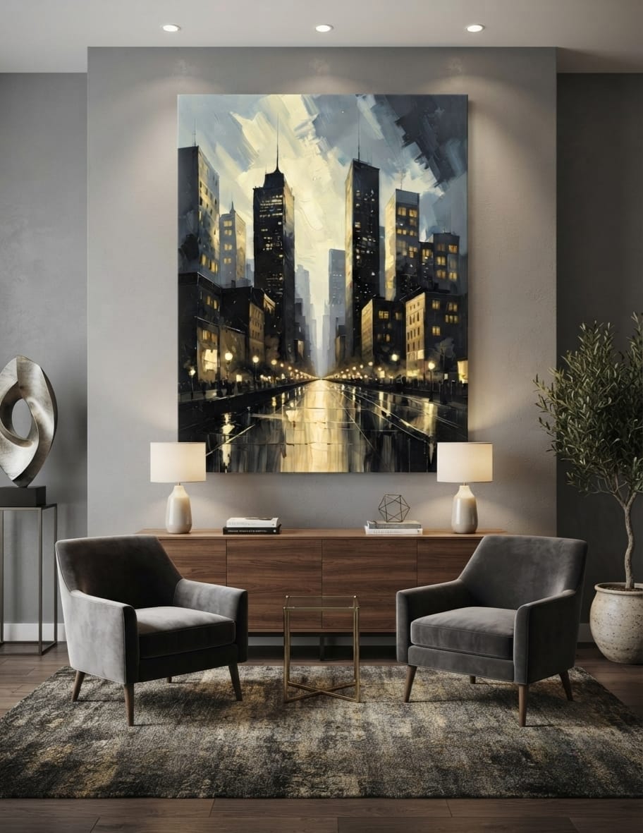 Modern City Skyline Canvas Print - Rainy Evening Cityscape & Glowing Streetlights Oil Painting Wall Art