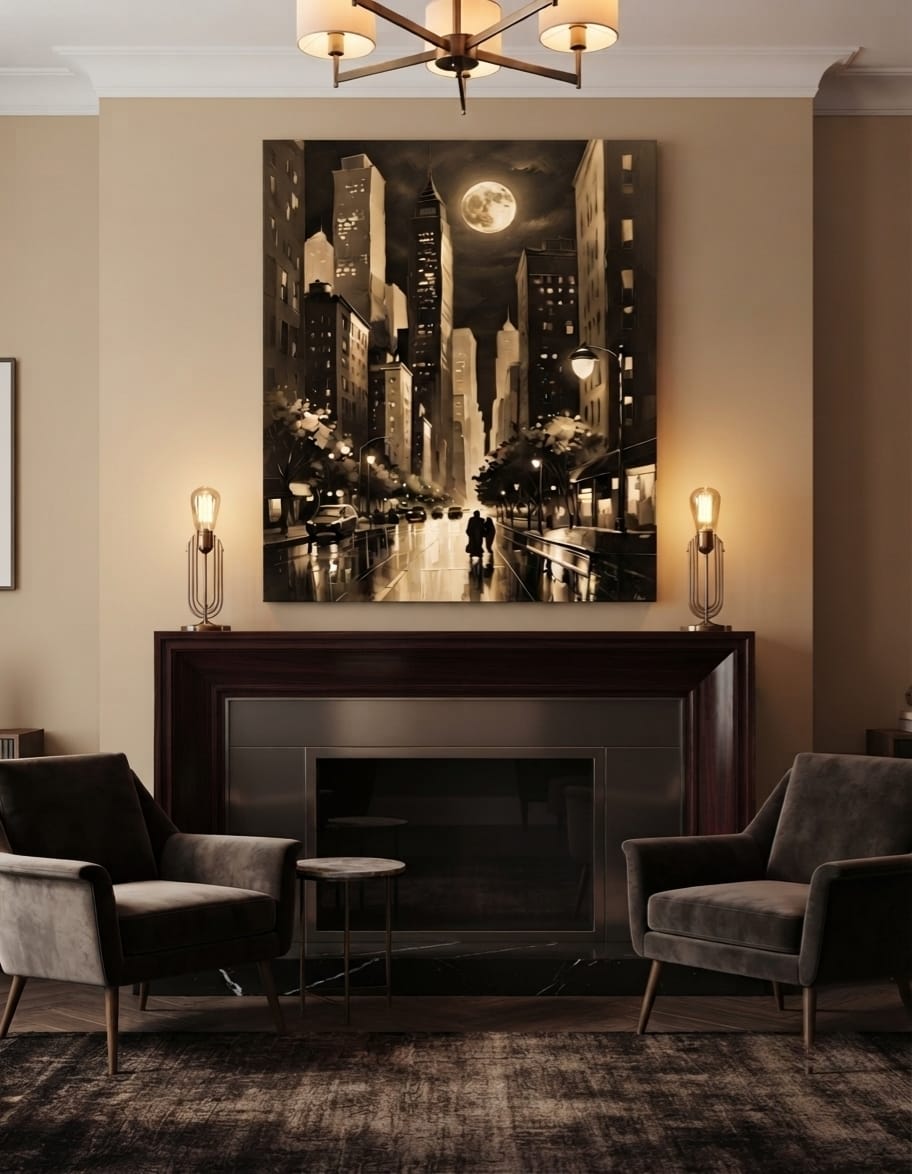 Vintage Sepia Full Moon Cityscape Canvas Print - Noir Night Skyline Wall Art