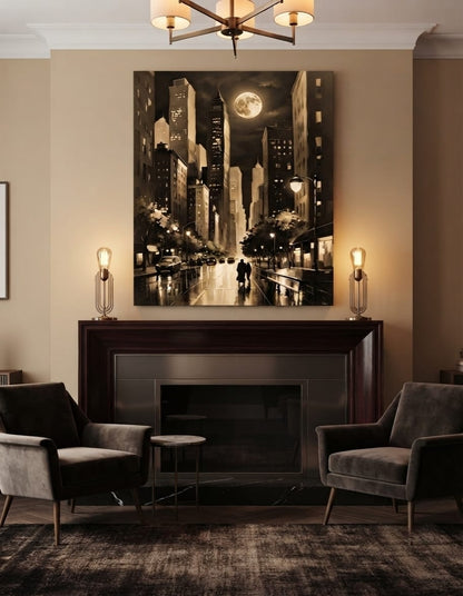 Vintage Sepia Full Moon Cityscape Canvas Print - Noir Night Skyline Wall Art