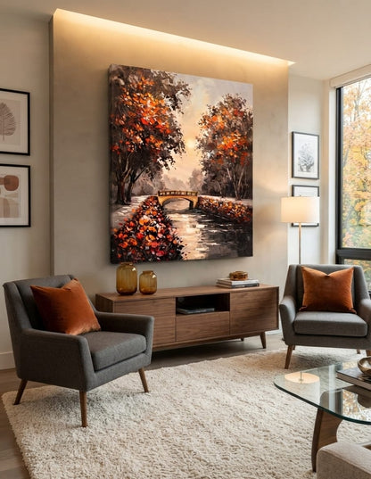 Autumn Park Bridge Canvas Print - Warm Sunset & Orange Leaves Landscape Oil Painting