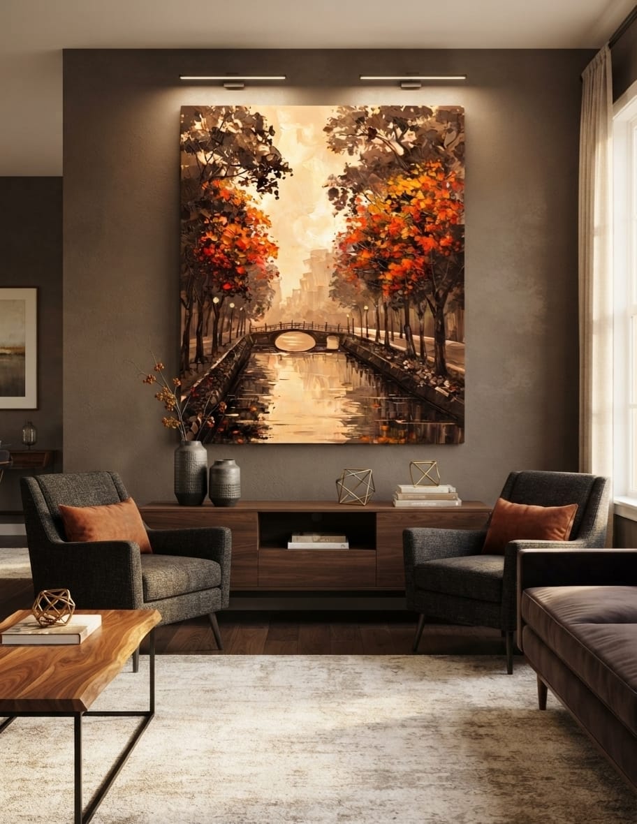 Autumn Park Canal Bridge Canvas Print - Sepia Golden Sunset & Orange Leaves Landscape Painting