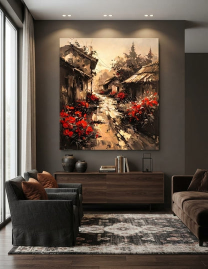 Rustic Village Street Canvas Print - Sepia Rural Cottage Landscape with Red Poppy Flowers Wall Art