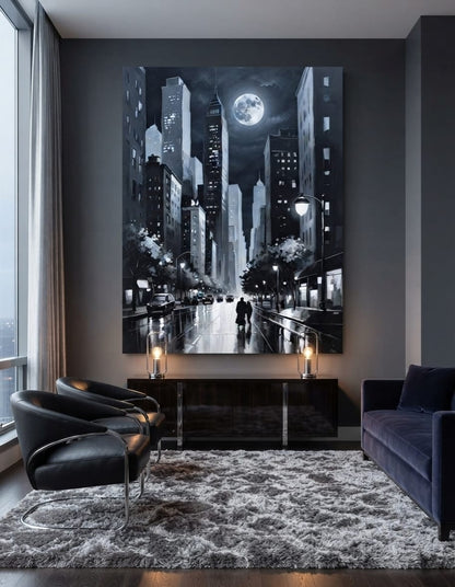 Full Moon Cityscape Canvas Print - Black & White City Night Skyline Wall Art