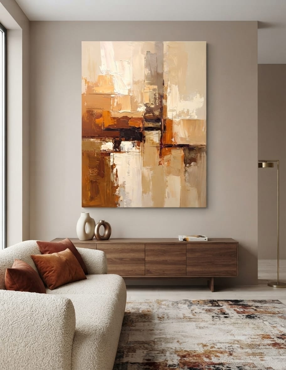 Modern Abstract Geometric Block Canvas Print - Warm Ochre, Terracotta & Cream Textured Wall Art