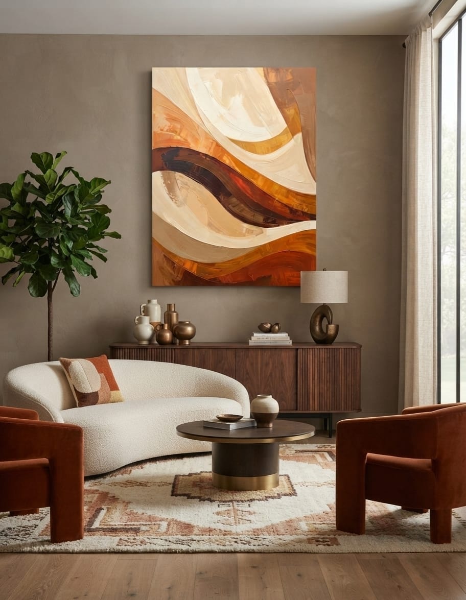 Modern Abstract Fluid Swirl Canvas Print - Warm Ochre & Terracotta Textured Wall Art