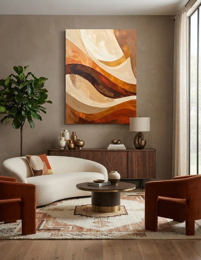 Modern Abstract Fluid Swirl Canvas Print - Warm Ochre & Terracotta Textured Wall Art