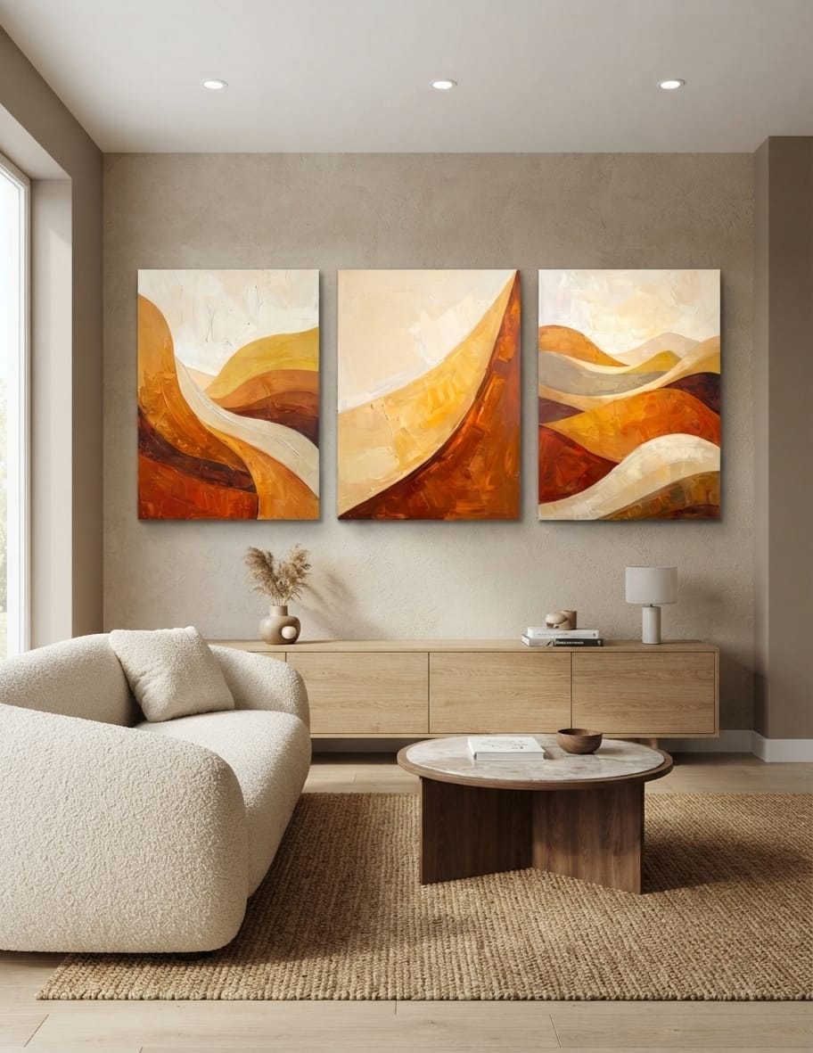 Modern Abstract Earth Tone 3-Piece Canvas Wall Art Set - Warm Ochre, Terracotta & Cream Triptych