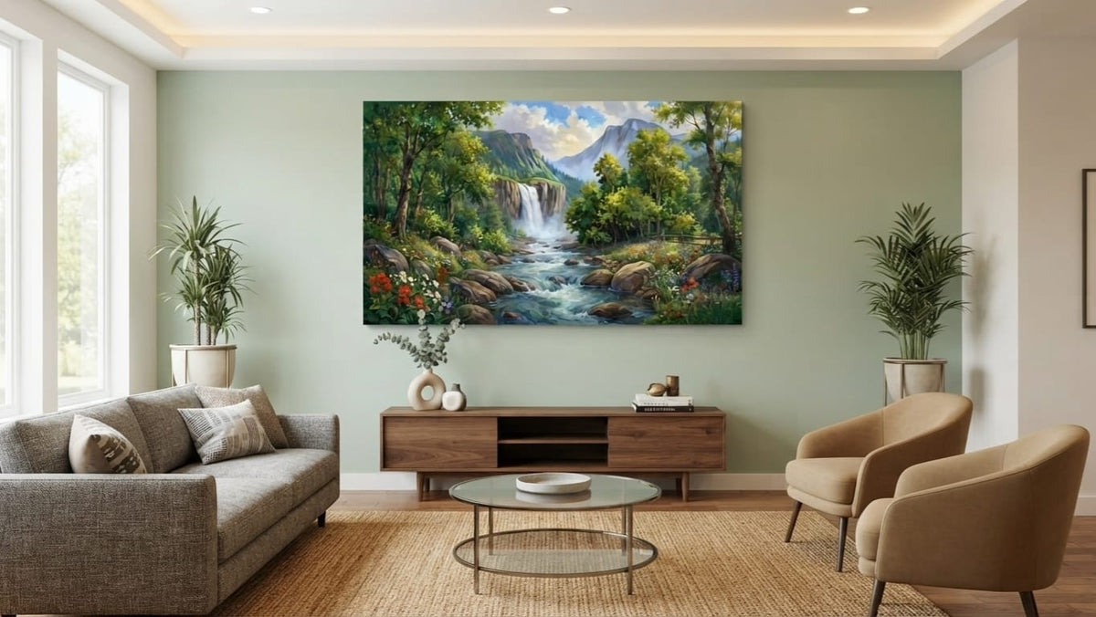 Alpine Waterfall and Mountain River Canvas Print - Lush Forest Landscape Wall Art