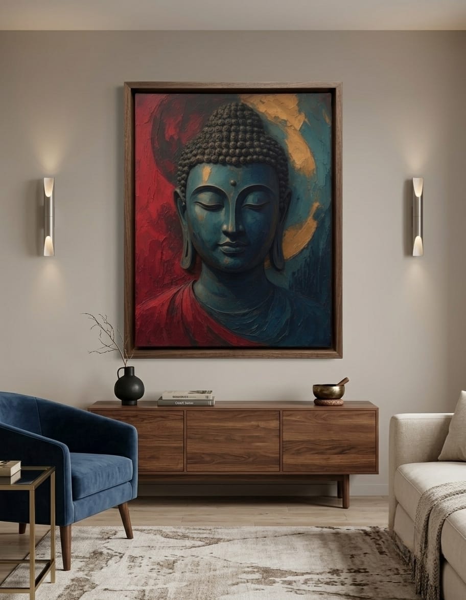 Meditating Buddha Portrait Canvas Print - Blue and Red Impasto Spiritual Wall Art