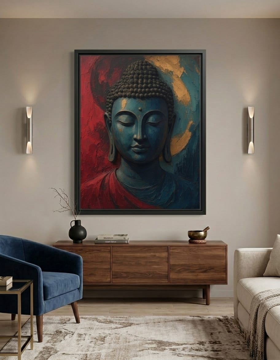 Meditating Buddha Portrait Canvas Print - Blue and Red Impasto Spiritual Wall Art