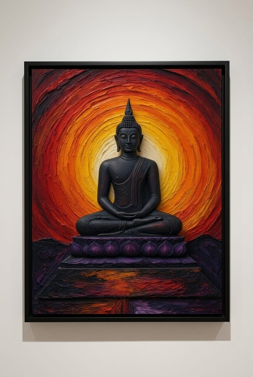 Meditating Buddha in Lotus Pose Canvas Print - Sunset Orange and Red Spiritual Wall Art