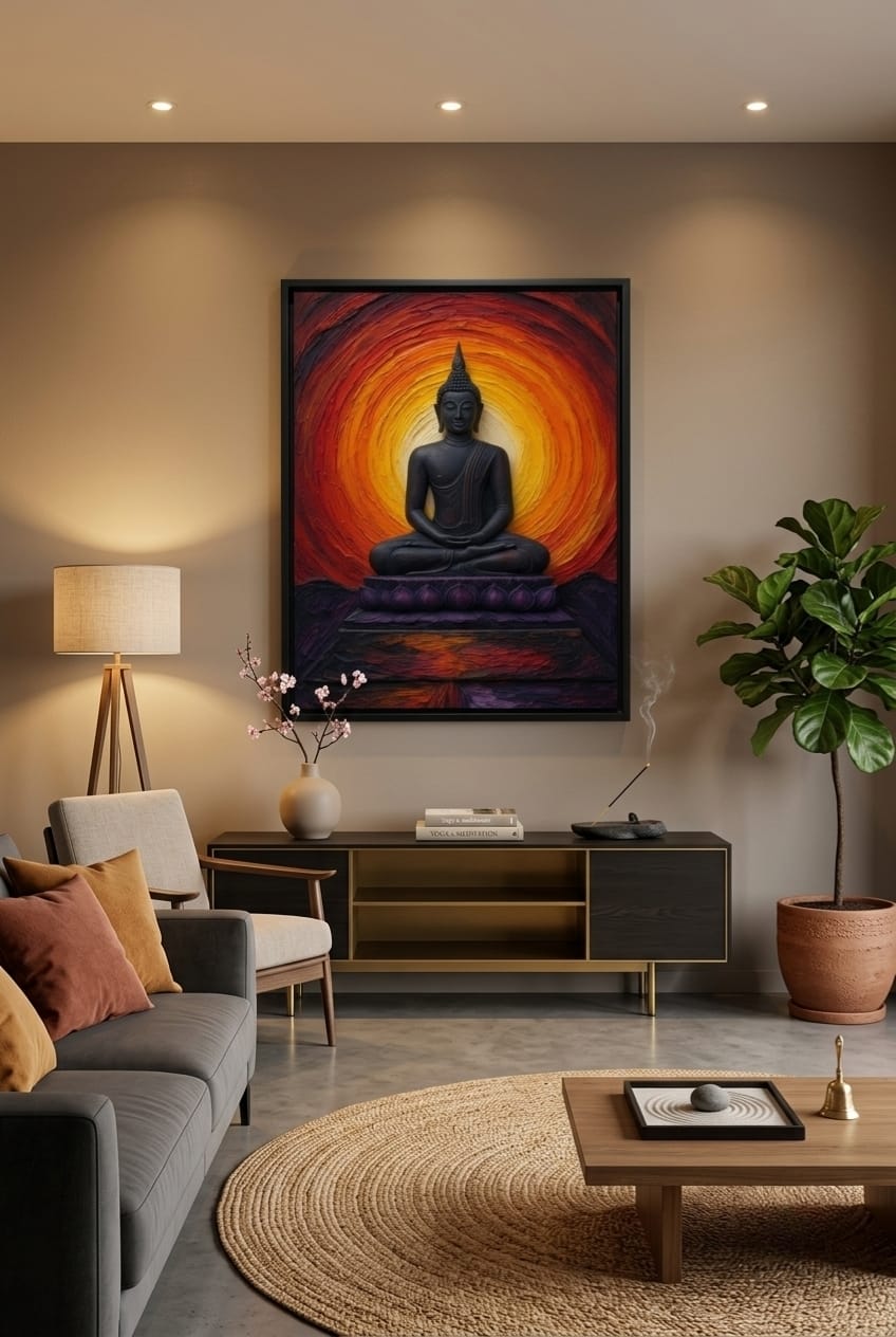 Meditating Buddha in Lotus Pose Canvas Print - Sunset Orange and Red Spiritual Wall Art