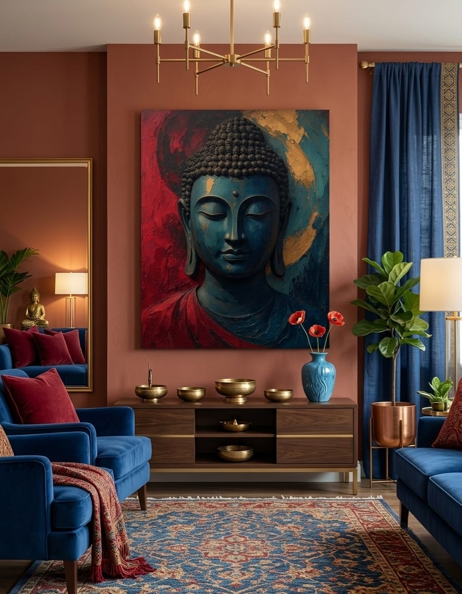 Meditating Buddha Portrait Canvas Print - Blue and Red Impasto Spiritual Wall Art