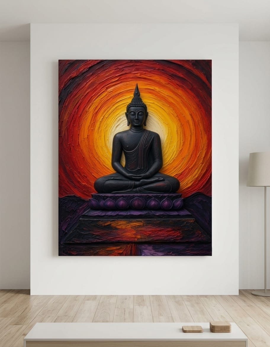 Meditating Buddha in Lotus Pose Canvas Print - Sunset Orange and Red Spiritual Wall Art