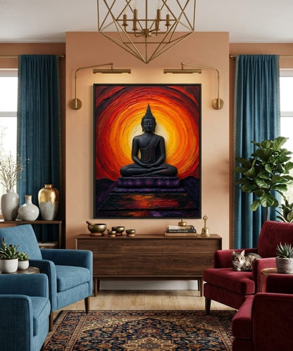 Meditating Buddha in Lotus Pose Canvas Print - Sunset Orange and Red Spiritual Wall Art