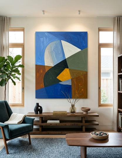 Modern Abstract Color Block Geometric Canvas Print - Blue, Mustard & Earth Tone Wall Art