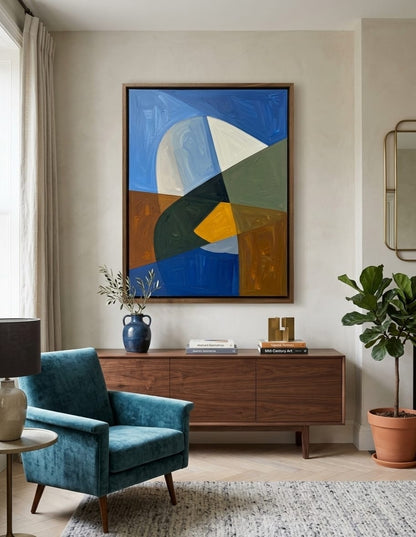 Modern Abstract Color Block Geometric Canvas Print - Blue, Mustard & Earth Tone Wall Art