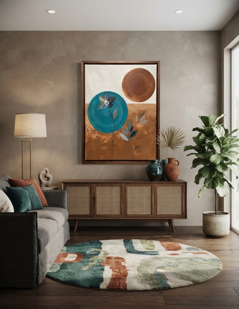 Modern Abstract Botanical Canvas Print - Teal, Terracotta & Ochre Wall Art