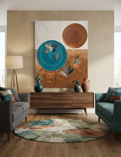 Modern Abstract Botanical Canvas Print - Teal, Terracotta & Ochre Wall Art