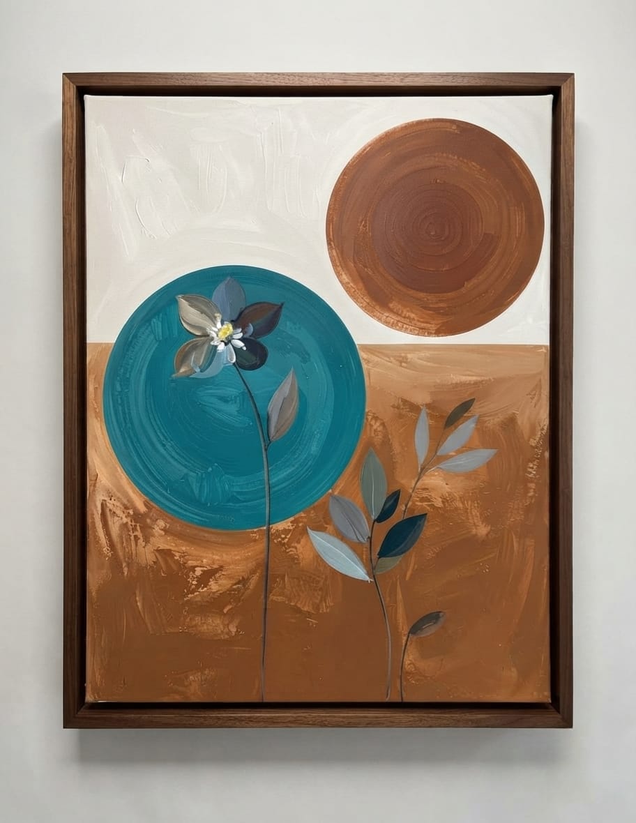 Modern Abstract Botanical Canvas Print - Teal, Terracotta & Ochre Wall Art