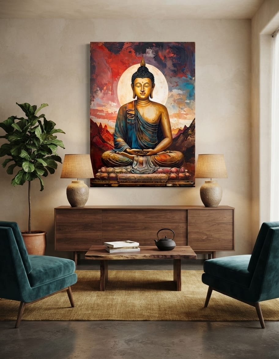 Golden Meditating Buddha Canvas Print - Radiant Full Moon & Mountain Spiritual Wall Art