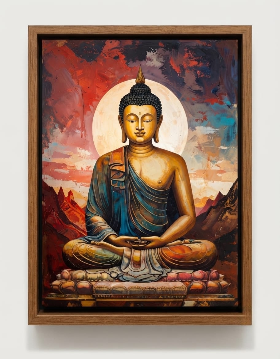 Golden Meditating Buddha Canvas Print - Radiant Full Moon & Mountain Spiritual Wall Art